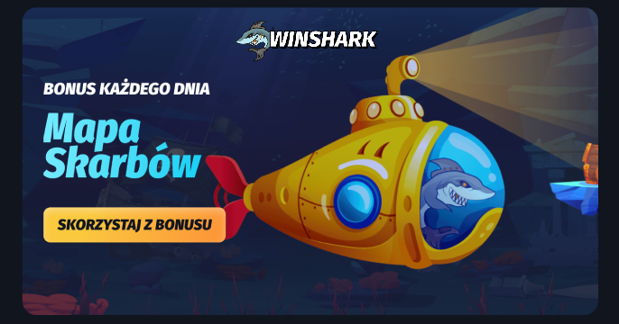 Winshark Casino z pakietem 10 720 PLN i 300 FS na banerze powitalnym 